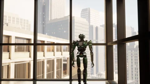Robot in a spacious office with panoramic windows, looking out the window at the Stock Footage 254476815