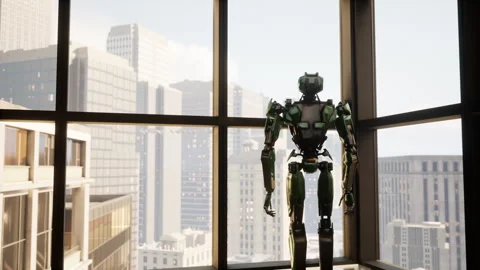 Robot in a spacious office with panoramic windows, looking out the window at the Stock Footage 254784211