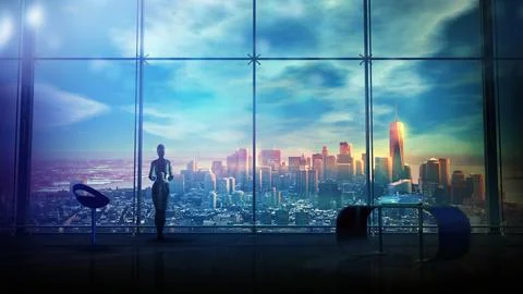 Robot in a spacious office with panoramic windows, 3D render. Stock Illustration