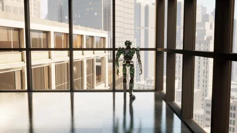 Robot in a spacious office with panoramic windows, looking out the window at the Stock Illustration