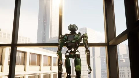 Robot in a spacious office with panoramic windows, looking out the window at the Stock Illustration