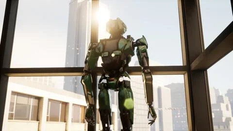 Robot in a spacious office with panoramic windows, looking out the window at the Stock Illustration