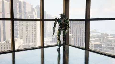 Robot in a spacious office with panoramic windows, looking out the window at the Stock-Illustration