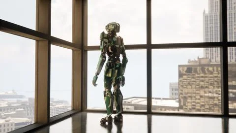 Robot in a spacious office with panoramic windows, looking out the window at the Stock Illustration