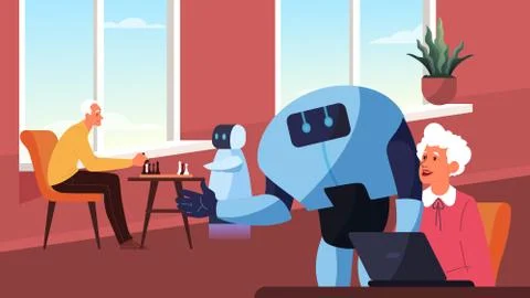 Robot spend time with old people. Robotic character Stock Illustration