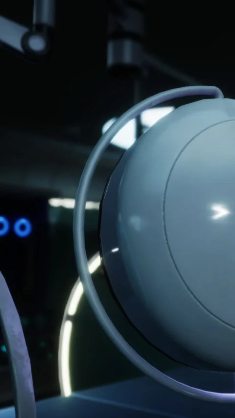 Robot sphere interacts with control system in a dark room space Stock Footage 332211558