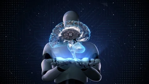 The robot spreads two palms, The AI CPU appears in the digital brain. 4k.1. Stock Footage