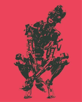 The robot squats and laughs with his head bowed 스톡 일러스트