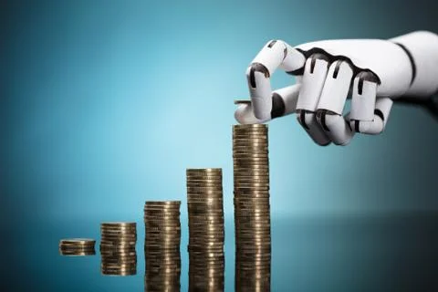 Robot Stacking Coins On Turquoise Background 写真素材