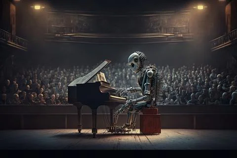 The robot on the stage is playing the piano. Stock Illustration