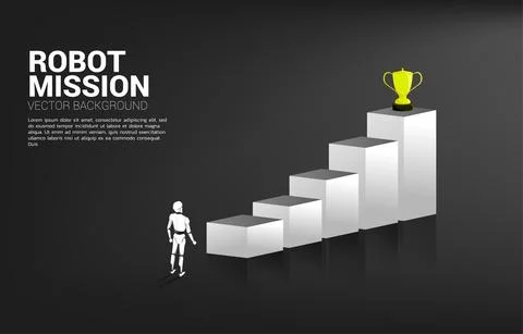 Robot standing with bar chart and trophy on top of graph. concept of artifici 스톡 일러스트