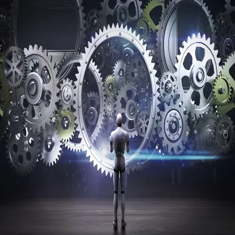 Robot standing big Gear wheels, connecting gear wheels.artificial intelligence Stock Footage 69568003