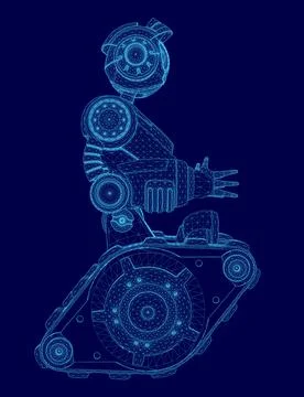 Robot is standing on a blue background. The robot is wearing a helmet and has a Stock Illustration