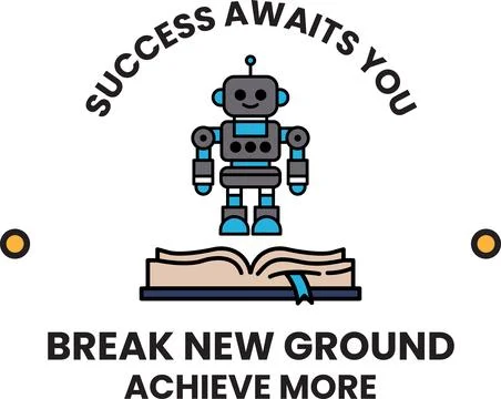 A robot is standing on a book with the words "Break New Ground" written bel.. Stock Illustration
