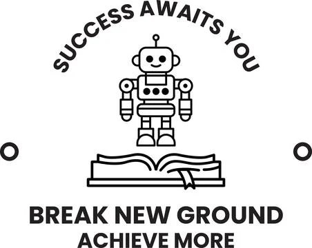 A robot is standing on a book with the words "Break New Ground" written bel.. Stock Illustration