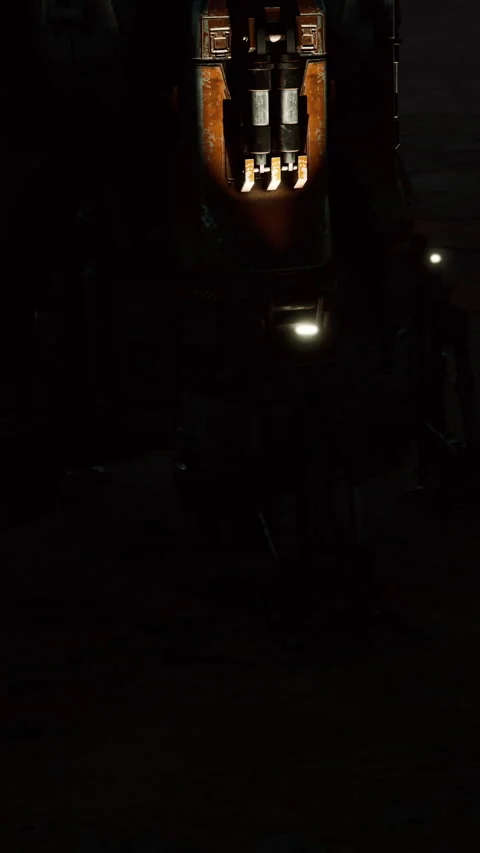 Robot standing in a dark space with lights on its body and surroundings Stock Footage 339039448