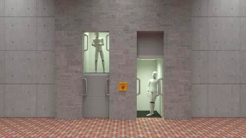 Robot standing in elevator, watching each other Stock Illustration
