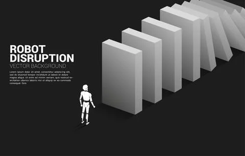 Robot standing at the end of domino collapse. Concept of artificial intellige Stock Illustration