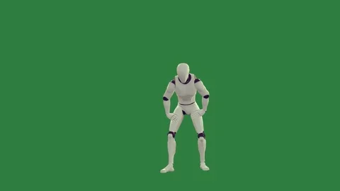 A robot is standing in front of and on white man suit with dancing isolated on Vídeos de archivo 336969418