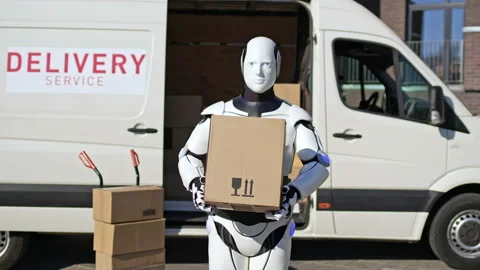 Robot standing in front of delivery van with parcel box to deliver it to Stock Footage 166173448