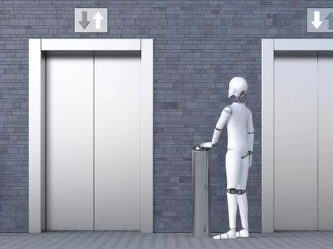 Robot standing in front of elevator 스톡 일러스트