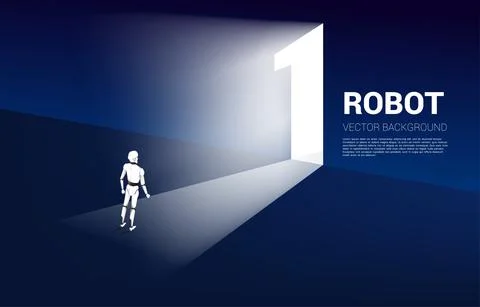 Robot standing in front of exit door number one. concept of artificial intell Stock Illustration