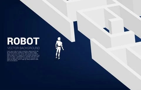 Robot standing in front of the maze. A.I concept for problem solving and find Stock Illustration