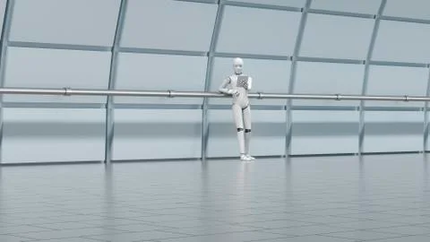 Robot standing in hall, using digital tablet Illustrazione stock