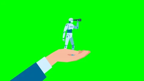 Robot standing on hand of man with AI, looking opportunity to get success Stock Footage 332396118
