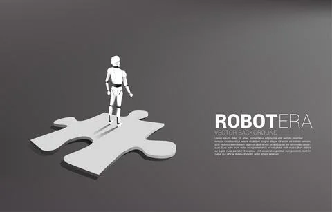 Robot standing on jigsaw. concept of artificial intelligence and machine lear Illustrazione stock