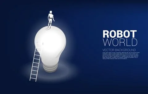 Robot standing with ladder on light bulb. Concept of artificial intelligence  Stock Illustration