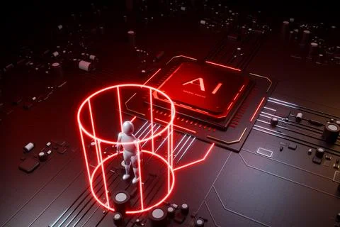 Robot standing on neural engine AI chip motherboard. 3d render Illustrazione stock