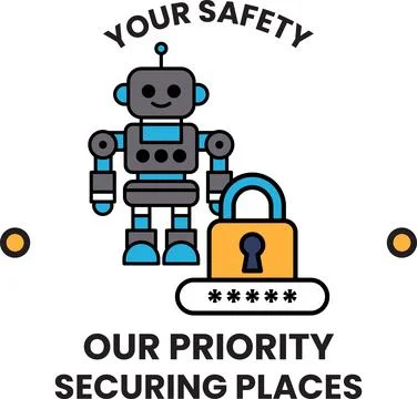 A robot is standing next to a lock and the words "Your Safety" are above it Illustrazione stock