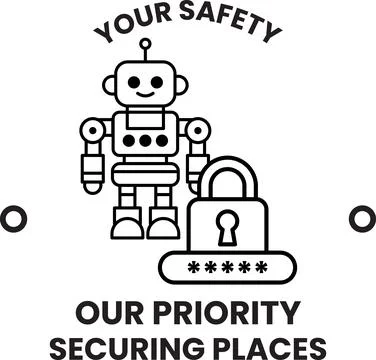 A robot is standing next to a lock and the words "Your Safety" are above it Illustrazione stock