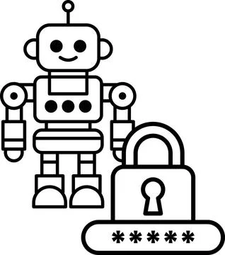 A robot is standing next to a lock with a keyhole Stock Illustration