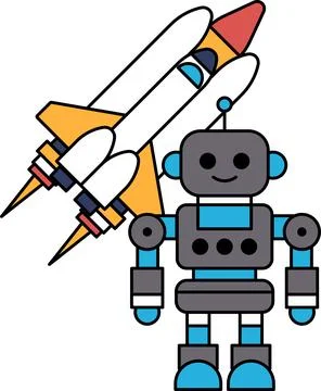A robot is standing next to a rocket Stock Illustration