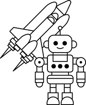 A robot is standing next to a rocket Stock Illustration