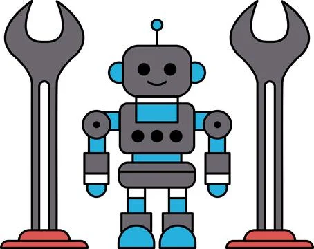A robot is standing next to two mechanical tools Stock Illustration