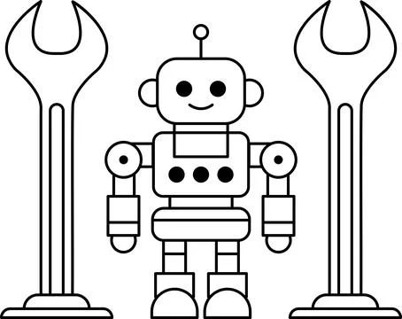 A robot is standing next to two mechanical tools Stock Illustration