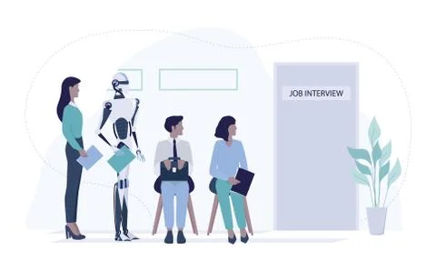 Robot standing in queue with candidate for a job interview Stock Illustration