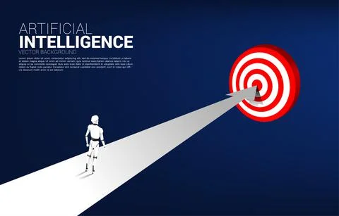 Robot standing on route to dartboard. concept of artificial intelligence and  Illustrazione stock