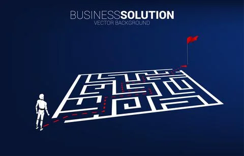 Robot standing on route path go around the maze to goal. A.I concept for prob Stock Illustration