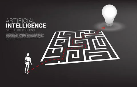 Robot standing on route path go around the maze to goal. A.I concept for prob Stock Illustration