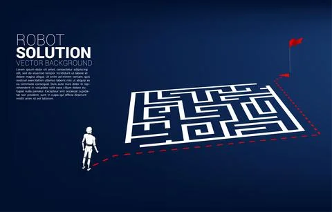 Robot standing on route path go around the maze to goal. A.I concept for prob Stock Illustration