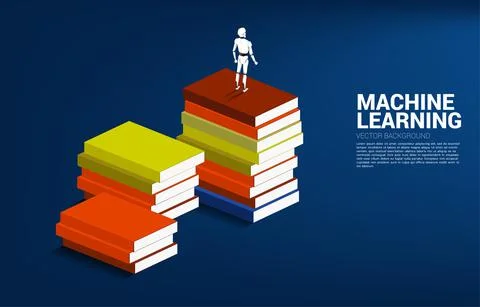 Robot standing on top of stack of book. concept of artificial intelligence an Stock Illustration