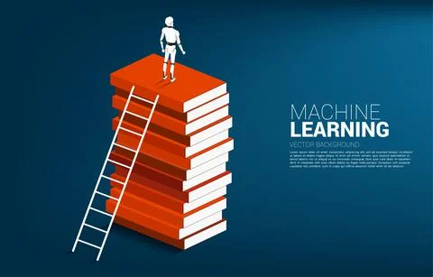 Robot standing on top of stack of book. concept of artificial intelligence an Illustrazione stock