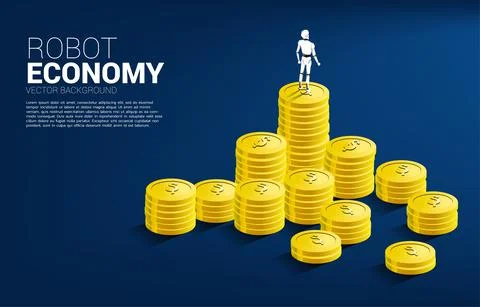 Robot standing on top of stack of coin. concept of artificial intelligence an Stock Illustration