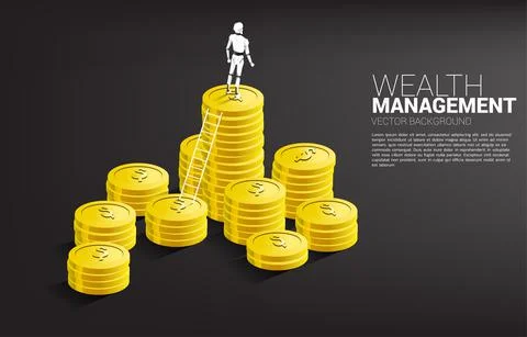 Robot standing on top of stack of coin with ladder. Concept of artificial int Stock Illustration