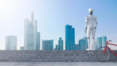 Robot standing on wall looking at skyline Stock Illustration