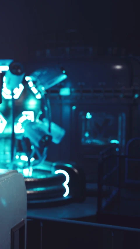 Robot stands in a dark room with blue lights during a futuristic scene Stock Footage 339037847